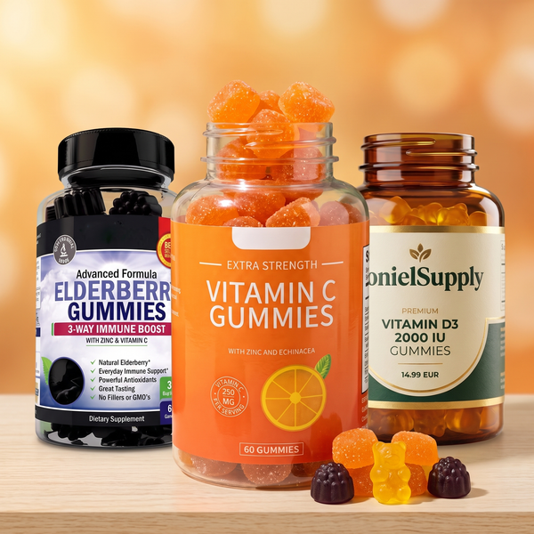 Immunity Pack — Vitamin C, Vitamin D3 and Elderberry gummy jars together