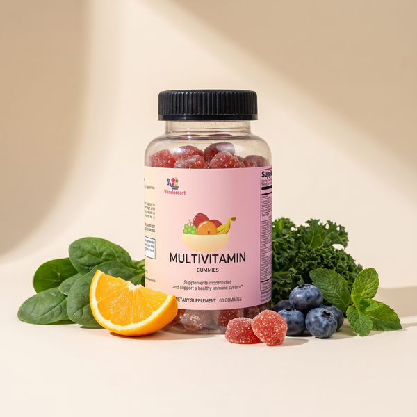 SonielSupply Daily branded lifestyle — daily greens & multivitamin gummies with fresh greens and fruit